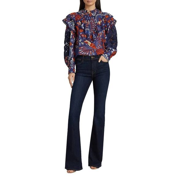 Farm Rio Pineapple Flowers Navy Ruffled Blouse Size XS - Picture 8 of 16